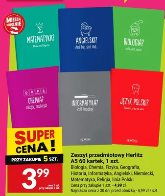Zeszyt przedmiotowy Herlitz A5 60 kartek Język Polski promocja w Twój Market
