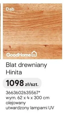 Blat drewniany Hinita Dąb 62x4x300cm olejowany utwardzony lampami UV promocja w Castorama