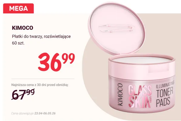Płatki do twarzy rozświetlające Kimoco Glass Skin Illuminating Toner Pads promocja w Rossmann
