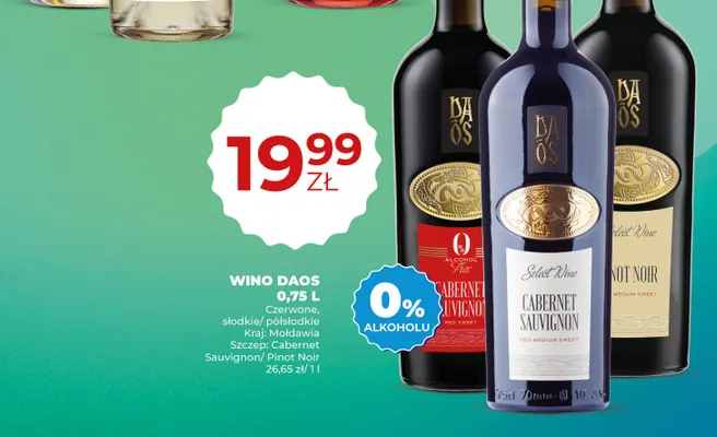 Wino bezalkoholowe czerwone DAOS Cabernet Sauvignon promocja w Duży Ben