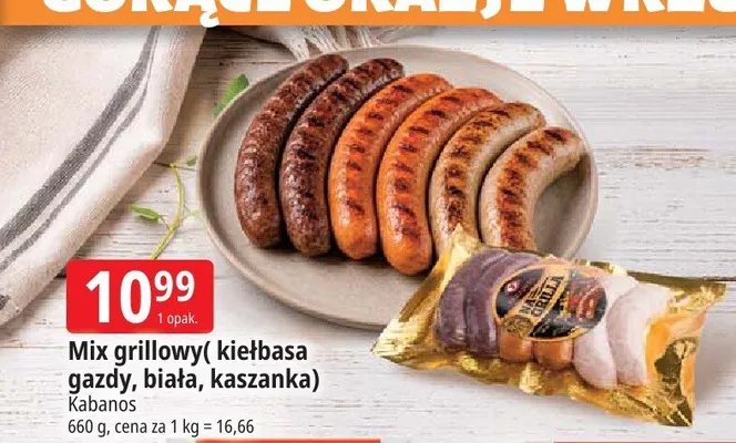 Mix grillowy (kiełbasa gazdy, biała, kaszanka) Kabanos promocja w Leclerc