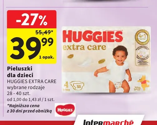 Pieluszki dla dzieci Huggies Extra Care 28-40 szt. promocja w Intermarche