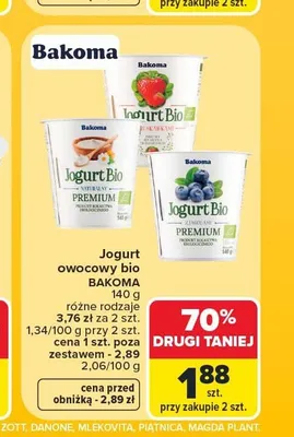 Jogurt owocowy bio Bakoma jagodowy promocja w Carrefour