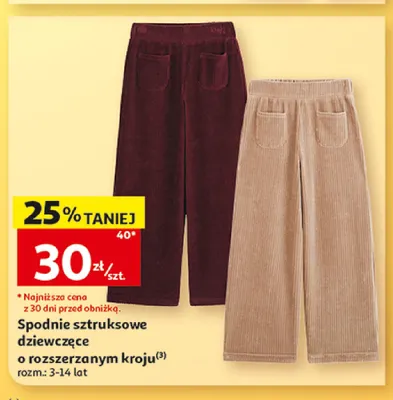 Spodnie sztruksowe dziewczęce o rozszerzonym kroju Inextenso promocja w Auchan