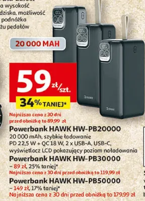 Powerbank HAWK HW-PB30000 – 89 zł, 25% taniej, najniższa cena z 30 dni przed obniżką to 119,99 zł promocja w Auchan