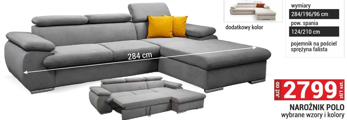 Narożnik Polo wybrane wzory i kolory 284/196/96cm pojemnik na pościel sprężyna falista promocja w Merkury Market