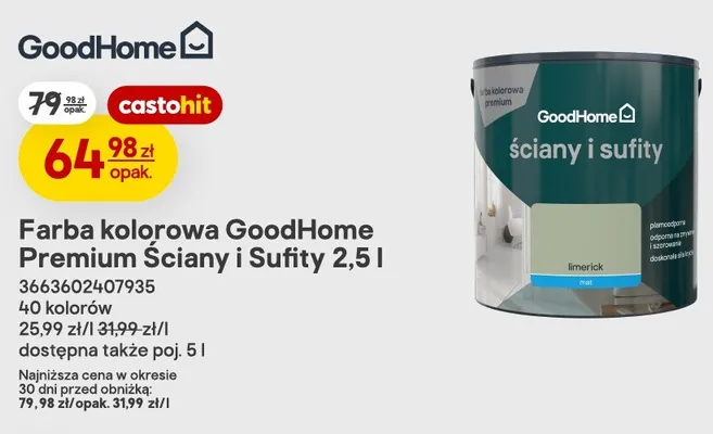 Farba kolorowa GoodHome Premium Ściany i Sufity promocja w Castorama