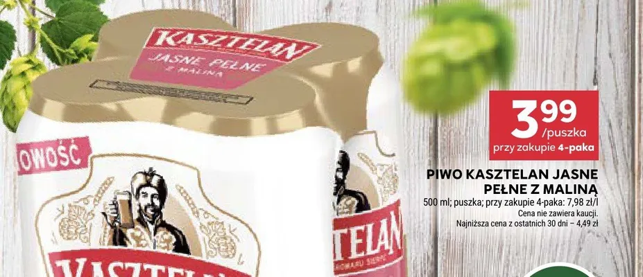 Piwo Kasztelan Jasne Pełne z Maliną 4-pak 500 ml promocja w Stokrotka