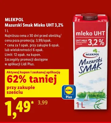 Mleko Mazurski Smak UHT 3,2% promocja w Lidl