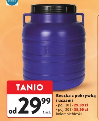 Beczka z pokrywką i uszami niebieska 10 l Intermarche promocja w Intermarche