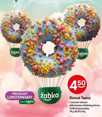 Donut z owoców leśnych dekorowany niebieską polewą i kolorową posypką promocja w Żabka