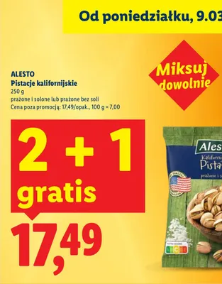 Pistacje kalifornijskie prażone i solone 2+1 GRATIS promocja w Lidl