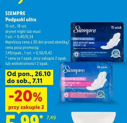 Podpaski ultra Deo Drynet Maxi Siempre promocja w Lidl