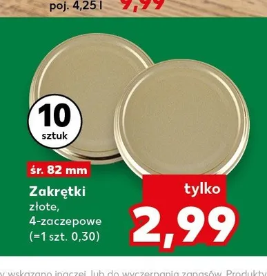 Zakrętki złote 4-zaczepowe 10-pak śr. 82 mm promocja w Kaufland