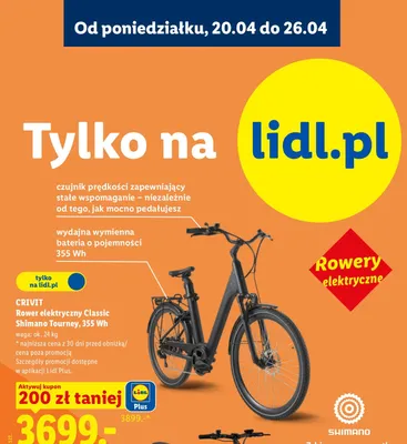 Rower elektryczny Classic Shimano Tourney 355Wh promocja w Lidl
