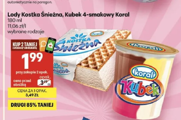 Lody Kostka Śnieżna Koral promocja w Delikatesy Centrum