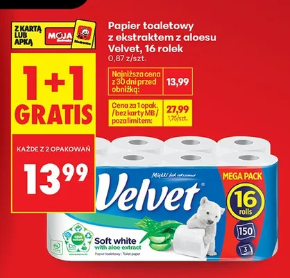 Papier toaletowy z ekstraktem z aloesu Velvet 16-pak promocja w Biedronka