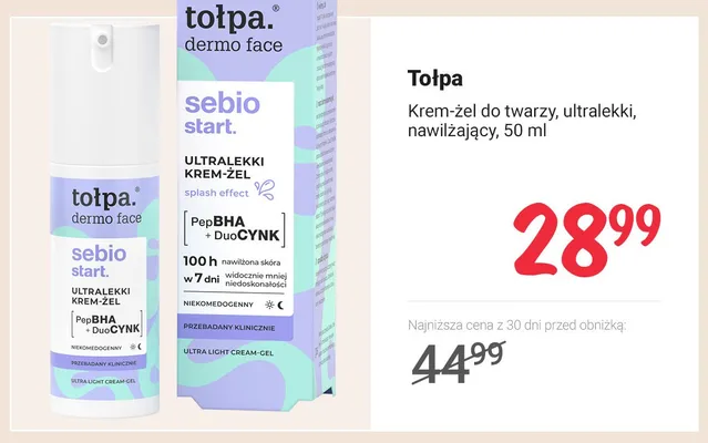 Krem-żel do twarzy ultralekki nawilżający Tołpa dermo face sebio start promocja w Rossmann