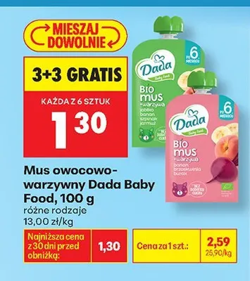 Mus owocowo-warzywny Dada Bio jabłko banan brzoskwinia burak promocja w Biedronka