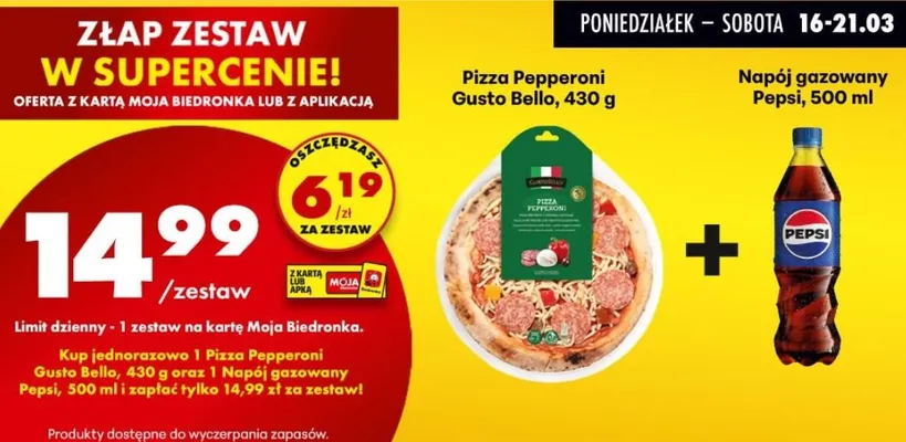 Zestaw: Pizza Pepperoni Gusto Bello 430g + napój gazowany Pepsi 500ml promocja w Biedronka