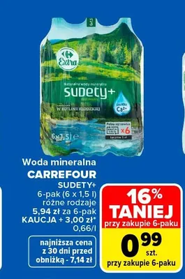 Woda mineralna niegazowana Carrefour Sudety+ promocja w Carrefour