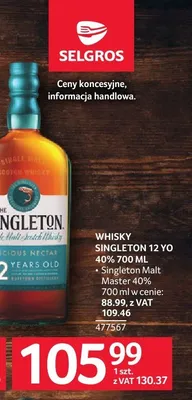 Whisky Singleton 12 YO 40% promocja w Selgros