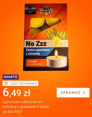 Świece zapachowe z citronellą NO PEST No Zzz 6-pak promocja w Allegro