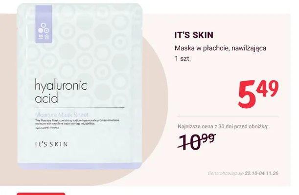 Maska w płachcie nawilżająca It's Skin promocja w Rossmann