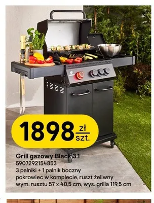 Grill gazowy Black 3.1 3 palniki + 1 palnik boczny pokrowiec w komplecie ruszt żeliwny wym. rusztu 57x40,5cm wys. grilla 119,5cm promocja w Castorama