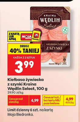 Kiełbasa żywiecka z szynki Kraina Wędlin Select promocja w Biedronka