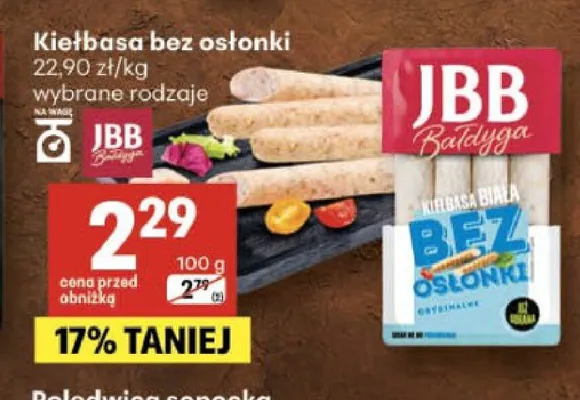 Kiełbasa bez osłonki JBB Bałdyga promocja w Delikatesy Centrum