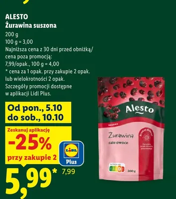 Żurawina suszona Alesto promocja w Lidl