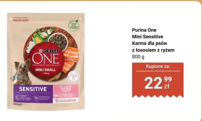 Karma dla psów sucha Purina One Mini Sensitive z łososiem i ryżem promocja w Biedronka