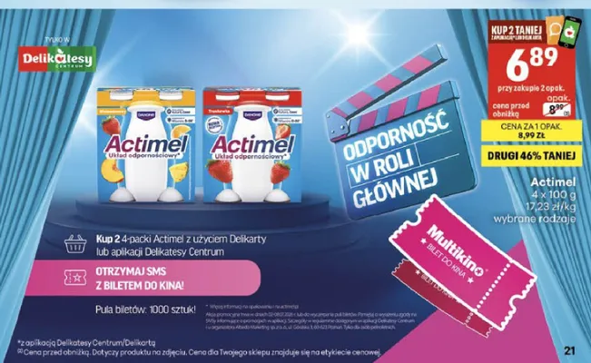 Jogurt pitny Actimel wieloowocowy 4-pak promocja w Delikatesy Centrum