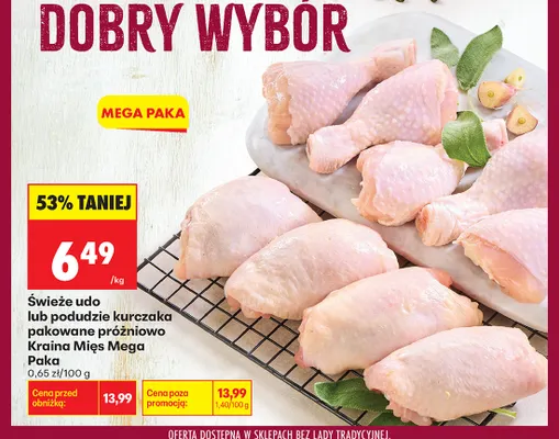 Świeże udo kurczaka pakowane próżniowo Kraina Mięs Mega Paka promocja w Biedronka