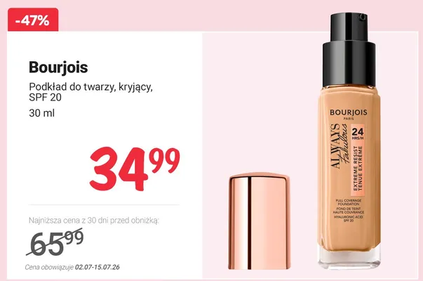 Podkład do twarzy kryjący Bourjois Always Fabulous SPF 20 promocja w Rossmann