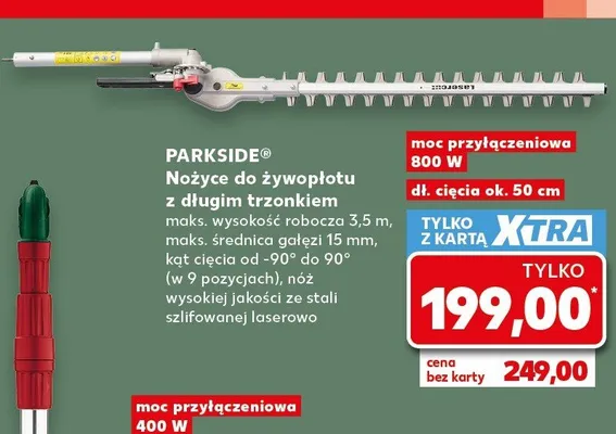 Nożyce do żywopłotu z długim trzonkiem PARKSIDE maks. wysokość robocza 3,5m, maks. średnica gałęzi 15mm, kąt cięcia od -90° do 90° (w 9 pozycjach), nóż wysokiej jakości ze stali szlifowanej laserowo moc przyłączeniowa 800W dł. cięcia ok. 50cm promocja w Kaufland