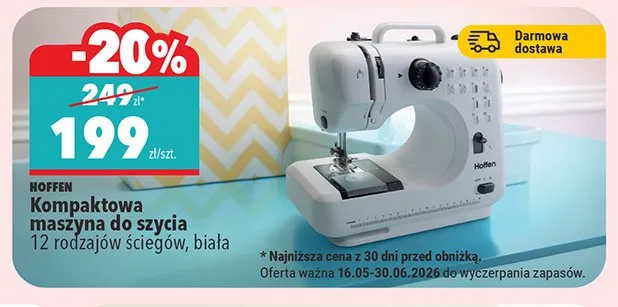 Kompaktowa maszyna do szycia Hoffen 12 rodzajów ściegów biała promocja w Biedronka