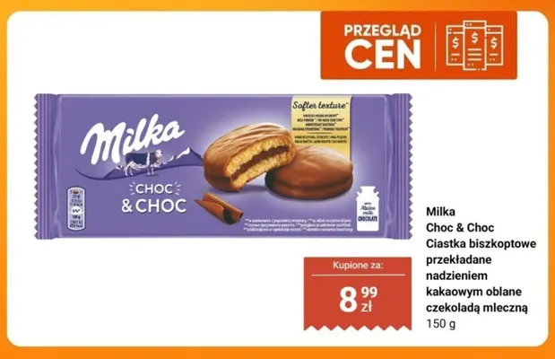Ciastka biszkoptowe przekładane nadzieniem kakaowym oblane czekoladą mleczną Milka Choc & promocja w Biedronka