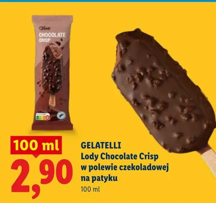 Lody Chocolate Crisp w polewie czekoladowej na patyku Gelatelli promocja w Lidl