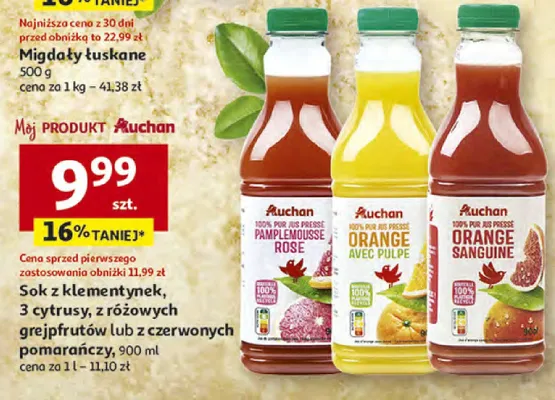 Sok z klementyneк, 3 cytrusy, z różowych grejpfrutów lub z czerwonych pomarańczy promocja w Auchan