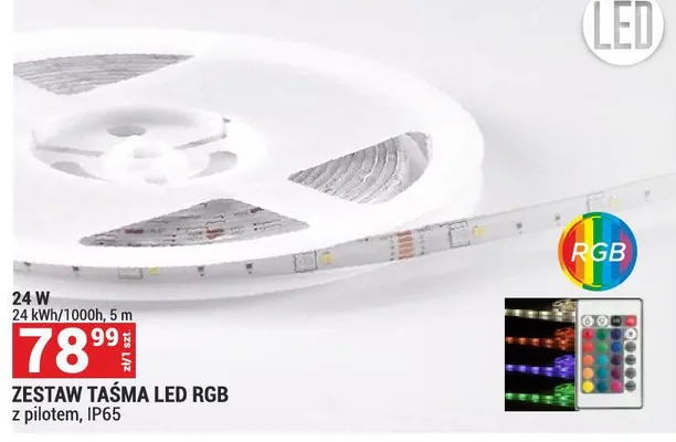 Zestaw taśma LED RGB z pilotem, IP65 24W 24 kWh/1000h, 5m promocja w Merkury Market