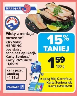 Filety z mintaja mrożone KRYMAR, HERRING bez skóry promocja w Carrefour