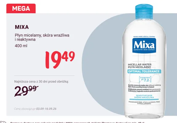 Płyn micelarny skóra wrażliwa i reaktywna Mixa promocja w Rossmann
