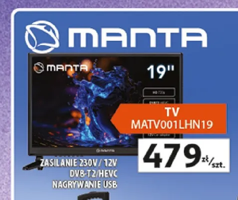 Telewizor Manta TV MATV001LHN19 19" zasilanie 230V / 12V DVB-T2/HEVC nagrywanie USB promocja w Auchan