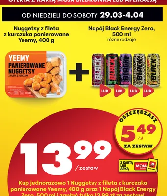 Nuggetsy z fileta z kurczaka panierowane + Napój energetyczny Black Energy Zero różne rodzaje promocja w Biedronka