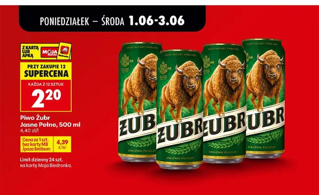 Piwo Żubr Jasne Pełne promocja w Biedronka