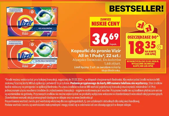 Kapsułki do prania Vizir All in 1 Pods Alpejska Świeżość promocja w Biedronka