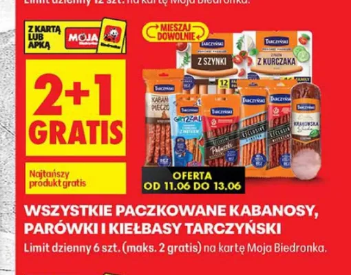 Paczkowane kabanosy, parówki i kiełbasy Tarczyński promocja w Biedronka
