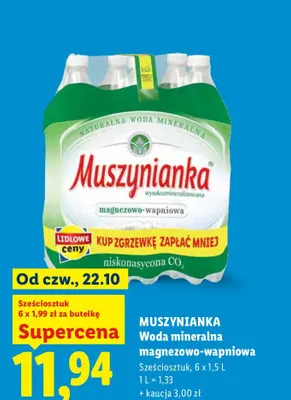 Woda mineralna gazowana magnezowo-wapniowa niskonasycona CO2 6-pak Muszynianka promocja w Lidl